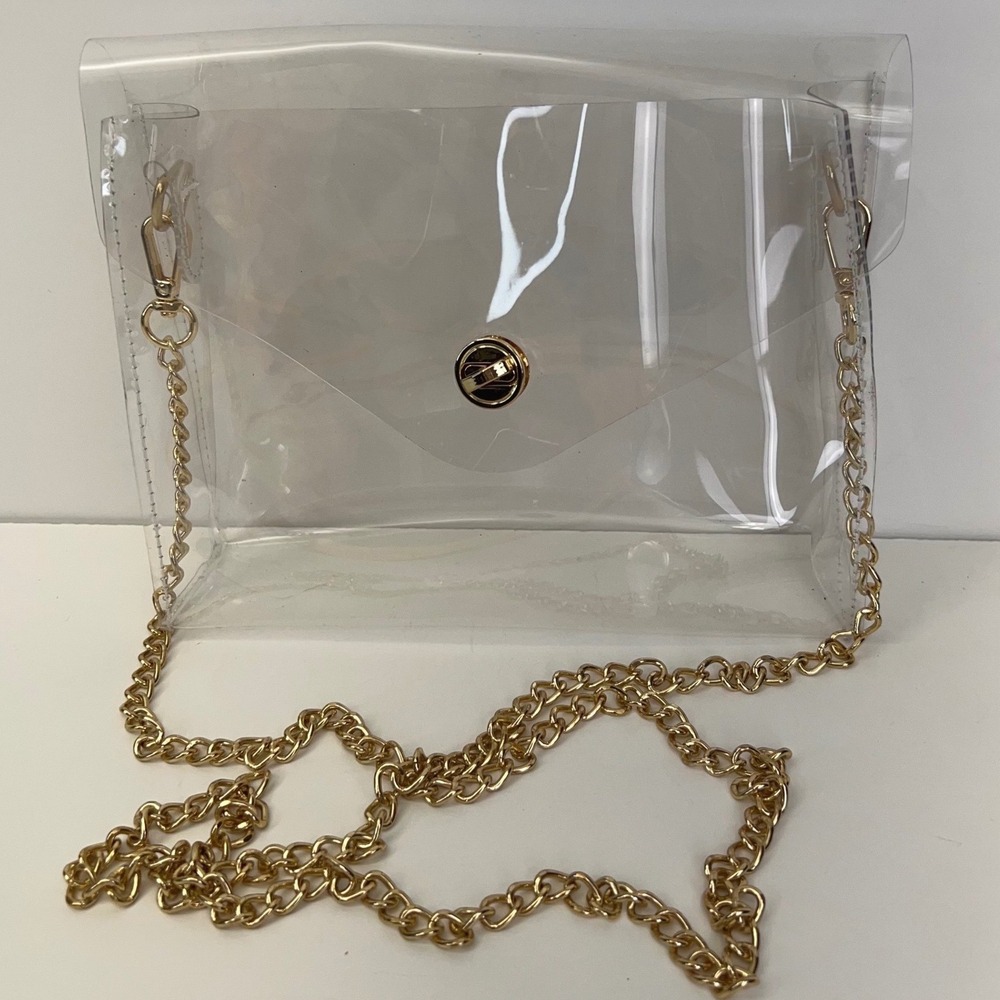 CLEAR STADIUM APPROVED Crossbody Bag Vinyl PVC Gold Link Chain Concerts Festival